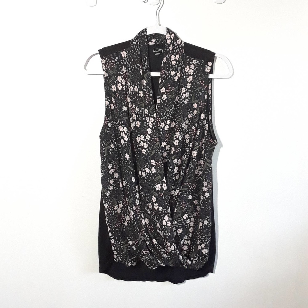 LOFT Floral Drape Front Sleeveless Top - size Large, NWT! Mixed Media Black Knit